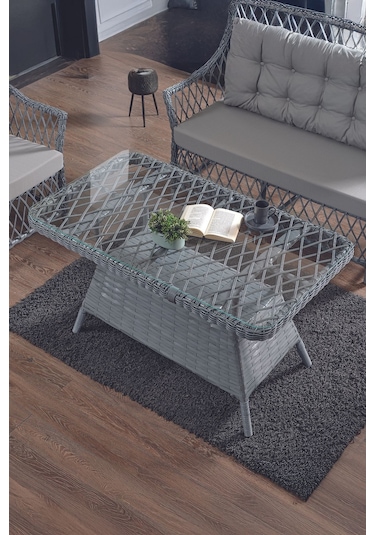 Icon Rattan Bahçe Balkon Oturma Takımı 2+1+1+camlı Masa Gri Gri