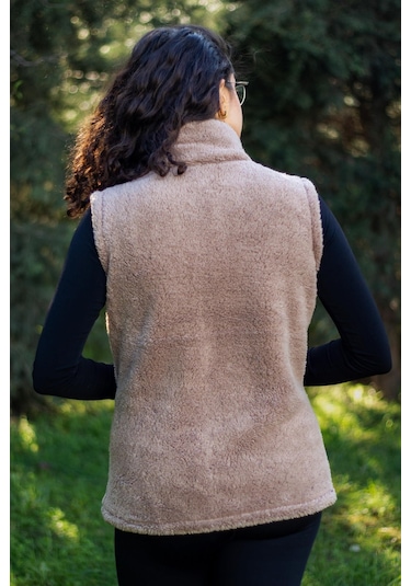 Kadın Vizon Sütlü Kahve Dik Yaka Kalın Peluş Fermuarlı Yelek 24kylkk215 001