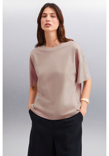 GRIMELANGE Jemmy Kadın %100 Organik Pamuk Relaxed Fit Yırtmaçlı Yuvarlak Yakalı Vizon T-shirt Vizon