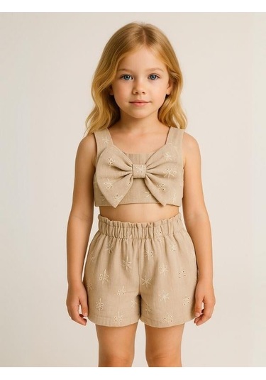 Kız Çocuk Crop Müslin Şortlu Takım-15972 Bej