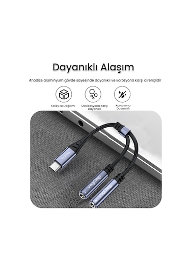 Veggieg Type-c To 3.5mm Aux Ve Mikrofon Dönüştürücü Adaptör Dac Chip Hifi Ses Kartı