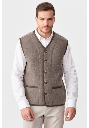 Erkek V Yaka Keçe Aksesuarlı Pike Dokuma Yün Yelek Vizon Vizon
