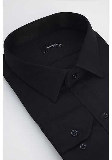 Erkek Big Size Büyük Beden Pamuklu Kolay Ütü Armürlü Siyah Gömlek -32073-siyah Siyah