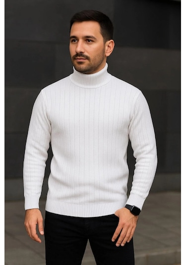 Erkek Fitilli Triko Kazak 2li Set Beyaz Siyah Regular Balıkcı Yaka Tam Boğazlı Triko Seti Modeli Kazak Çok Renkli