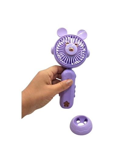 Şarj Edilebilir Fanlı Ayıcık Figürlü Ayarlanabilir El Fanı Vantilatör - Mor