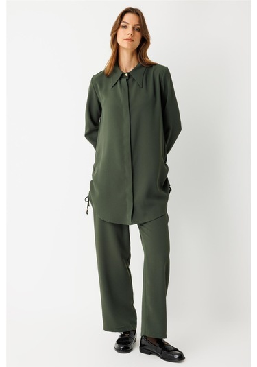 Yandan Büzgü Detaylı Pantolonlu Takım Haki Haki