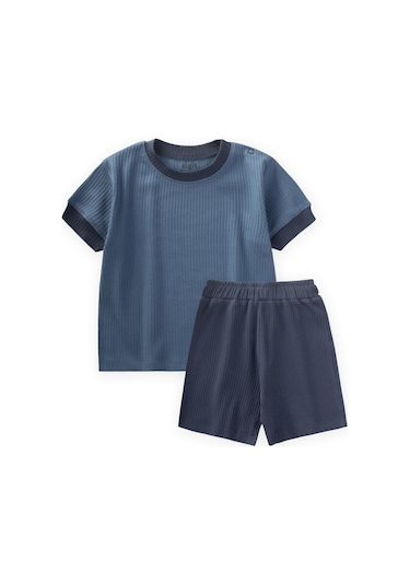 Cigit Garnili Fitilli T-shırt Takım 1-5 Yaş İndigo Mavi İndigo