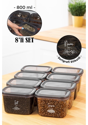 Vienev Beyaz Serigrafi Etiketli 8li Peggy Dikdörtgen Baharatlık Seti 800 ML Antrasit