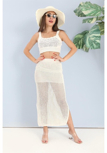 Etek Astarlı Yırtmaçlı Triko - Ekru - Kadın Ekru