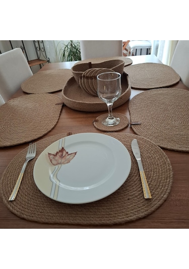 Oval 6 Kişilik 14 Parça Hasır Rengi Amerikan Servis, Hasır Supla Naturel