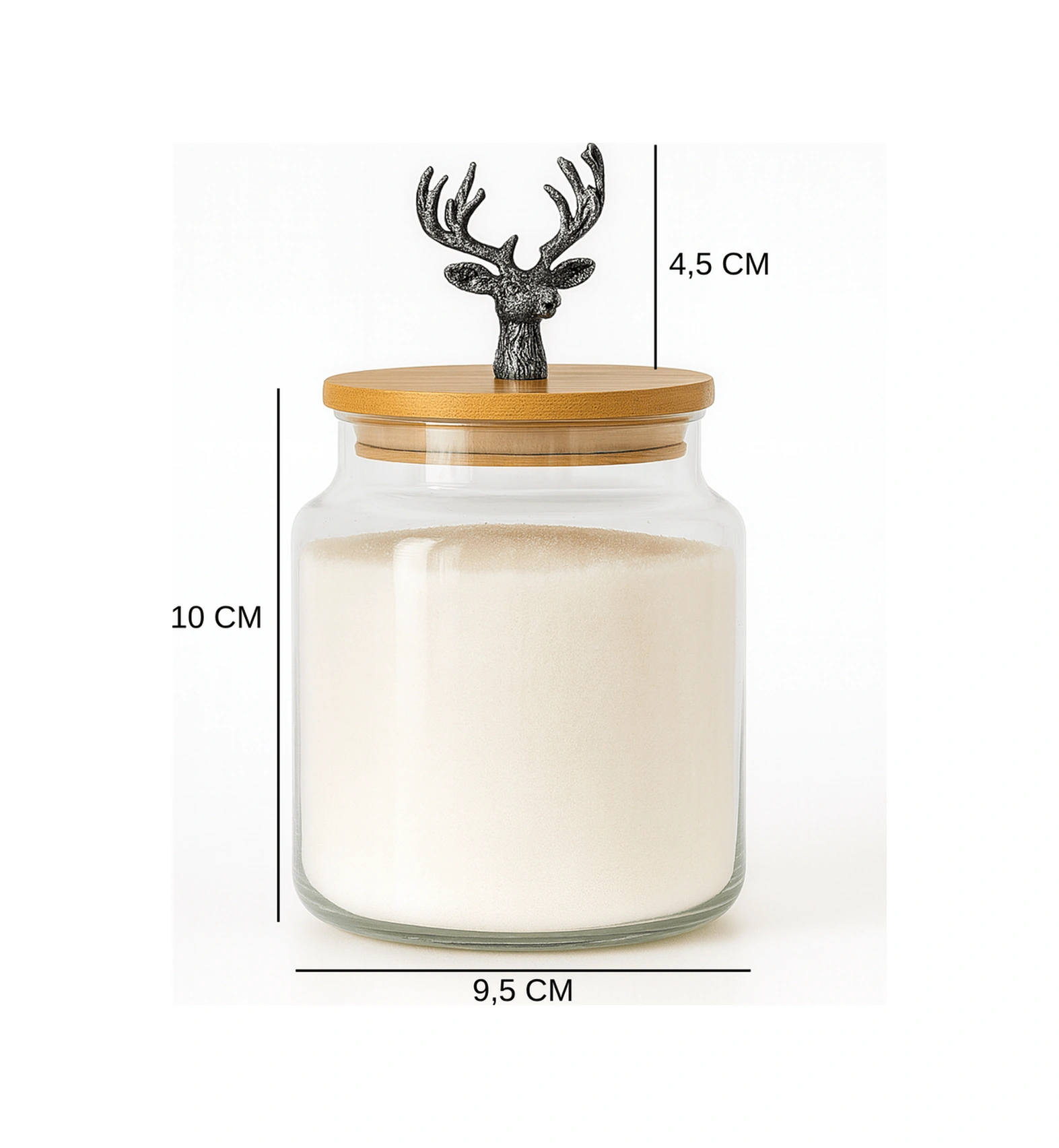 3'lü Metal Siyah Geyik Figürlü Bambu Kapaklı Cam Kavanoz Şık Saklama Kabı 635 Cc Şeffaf