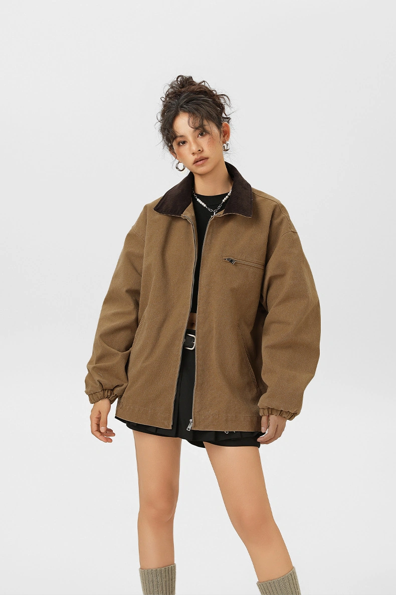 Snapbuy Yıkanmış Denim Ceket, Amerikan Retro Stili, Kontrast Yakalı, Bol Kesim Bej - Kahverengi