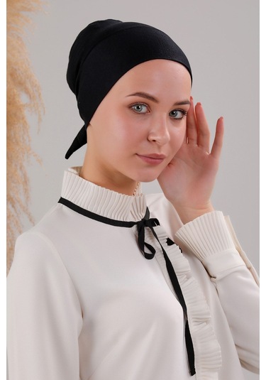 Tesettür Geçmeli Bağcıklı Viskon Likralı Dikişsiz Bone Siyah Siyah