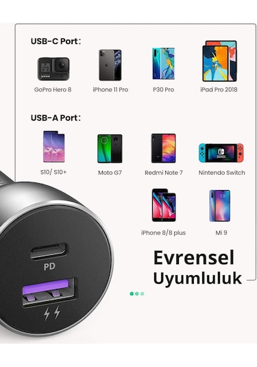 Ugreen Alüminyum 42.5W Pd Qc 3.0 Çift Çıkışlı Hızlı Araç Şarj Cih