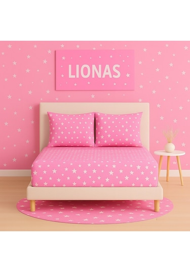 Desenli 180 X 200 Cm Battal Boy Pembe Yıldız Lastikli Çarşaf Ve 2 Adet Yastık Kılıfı Pembe