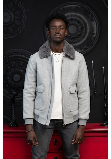 Slimfit Kürklü Sabit Yaka Beli Lastikli Astarlı Kaşe Mont Gri