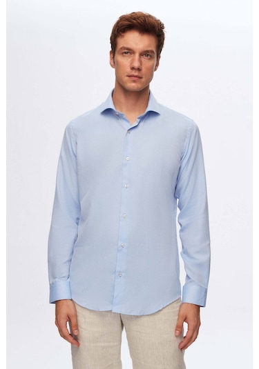 D'S Damat Ds Damat Slim Fit Mavi Italyan Yaka Armürlü Uzun Kollu Kolay Ütülenebilir Nefes Alan Dört Mevsim Göm 2HF02ORT3185 Mavi