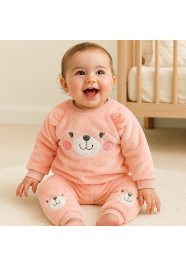 Cute Bear Suratlı Omuzdan Çıtçıtlı Welsoft İçi Astarlı 2 Parça Takım Nar Çiçeği