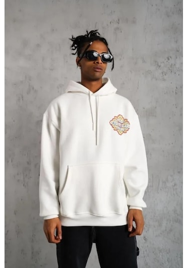 Vexor Erkek Kilim Desen Kapüşonlu Sweat- Beyaz