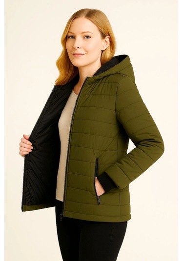 Şişme Kapüşonlu Fermuarlı Mont Su Itici Kapitone Astarlı Kumaş Cepli Kışlık Rahat Kalıp - Haki Haki