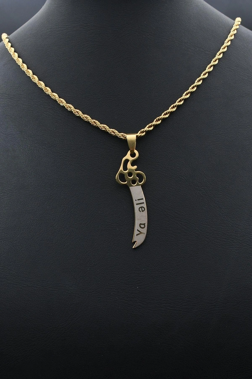 Hz. Ali Zülfikar Kılıcı Kolye Paslanmaz Çelik Zincir Altın Kaplama 3mm 902309 Altın