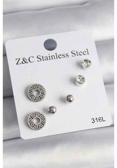 316l Çelik Gümüş Renk Zirkon Taşlı Labirent Model Kadın Küpe Seti Çok Renkli