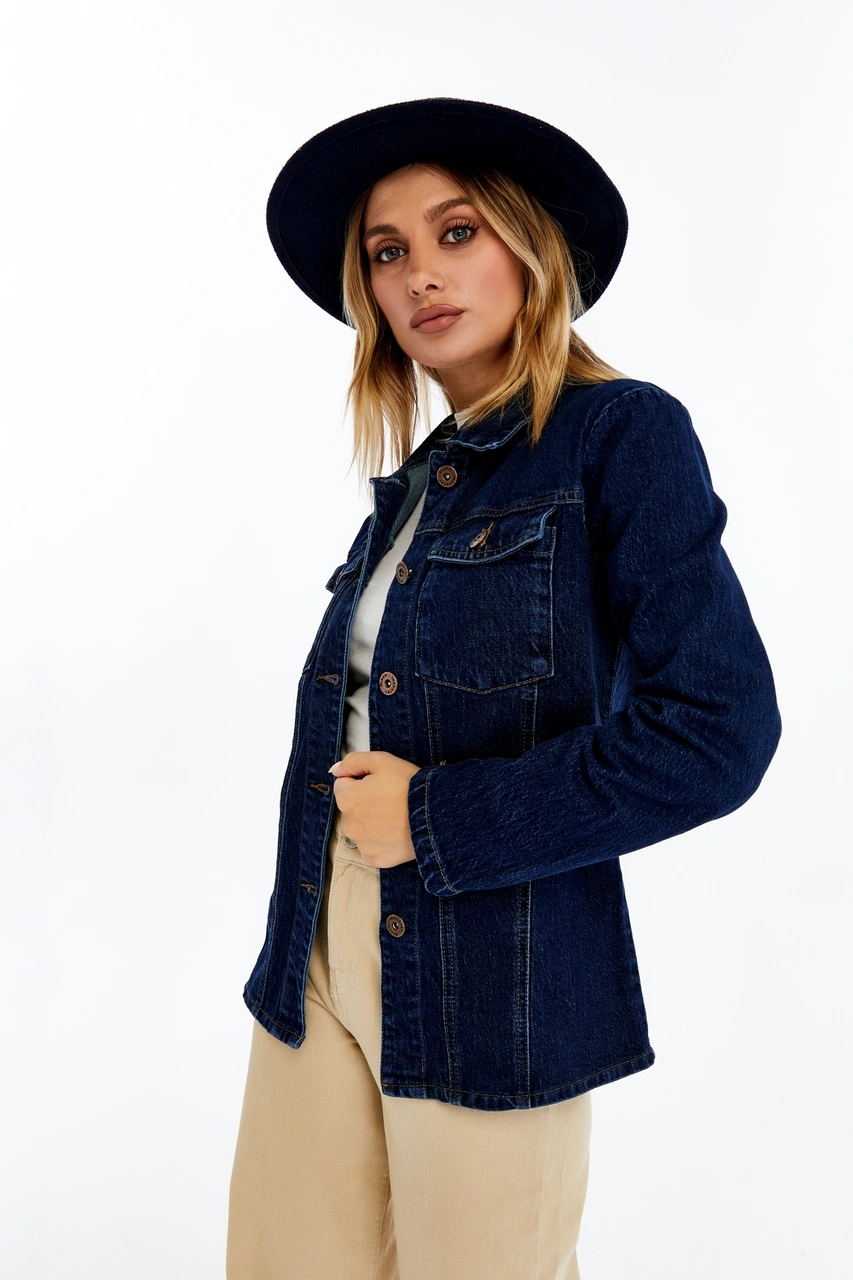 Kadın Denim Ceket Uzun Kollu Jean Ceket, Şık Ve Günlük Kombin Koyu Mavi