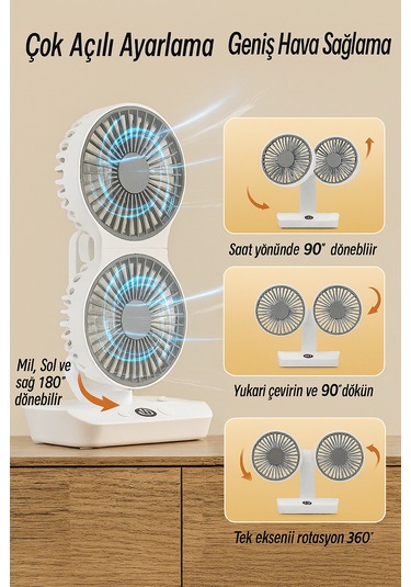 Şarjlı Çift Fanlı Vantilatör Masaüstü Ayarlanabilir Fan Salınım