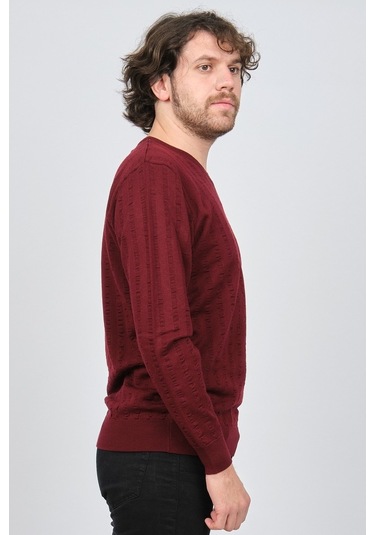 Desen Triko Erkek V Yaka Yün Kazak 0249626 Bordo Bordo