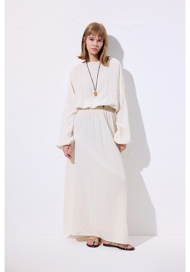 Müslin Beli Büzgülü Elbise Ekru Ekru