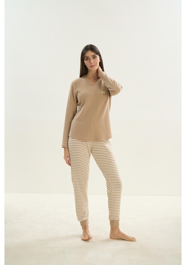 Kadın V Yaka Uzun Kol Bej Pijama Takım C0t8n0o61 001