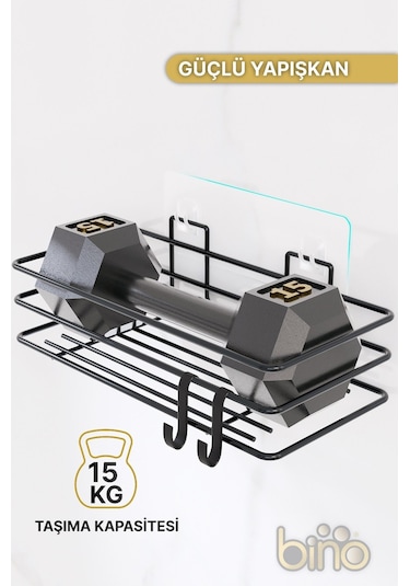 Bino 2li Set Banyo Düzenleyici Şampuanlık Mat Siyah Yapışkanlı 4 Askılı Duş Rafı Paslanmaz Organizer Siyah