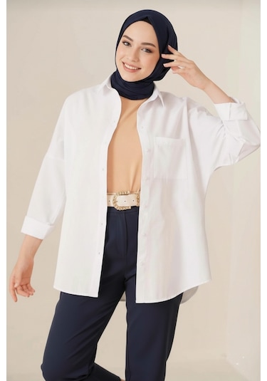 Tek Cepli Oversize Keten Gömlek Bayan Keten Gömlek Beyaz