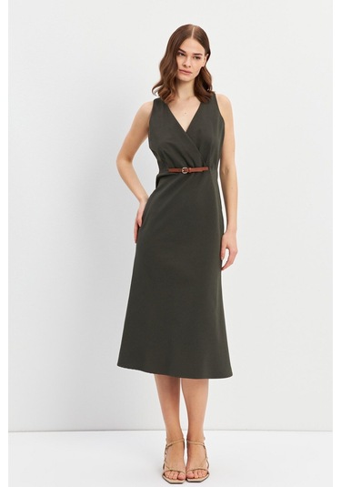 Stella Pulvis Haki Kemerli Kruvaze Midi Elbise