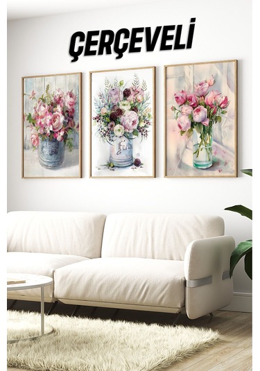 Ahşap Çerçeveli Mdf Tablo Seti Salon Ve Oturma Odası İçin Çiçekler Çt3070 32 X 42 Çok Renkli