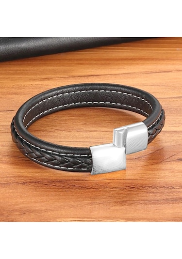 Brezza Lusso Jewelry Hakiki Deri Siyah Örgülü Çelik Erkek Bileklik Siyah