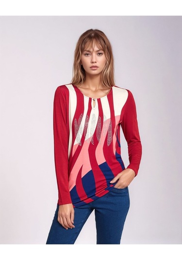 Kadın Bisiklet Yaka Esnek Desenli Taşlı Viskon Uzun Kol Curve Büyük Beden Bluz Kırmızı