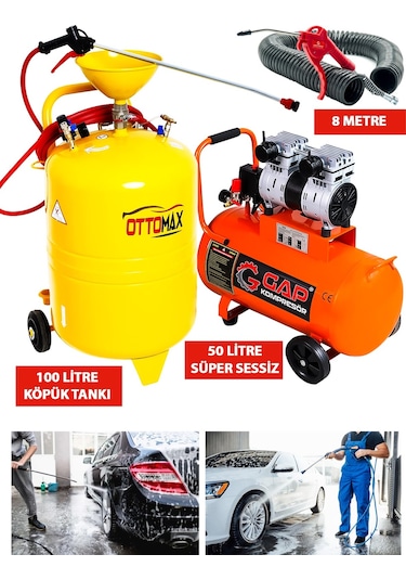 Ottomaxpro Oto Yıkamacılara Ve Galericilere Özel Set 100 Litre Köpük Tankı 50 Litre Sessiz Kompresör