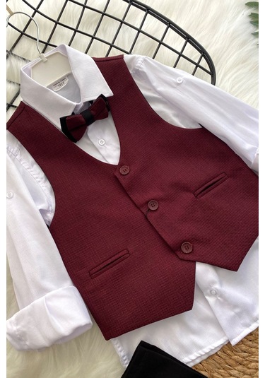 Yelekli Papyonlu Erkek Çocuk Takım Elbise Bordo
