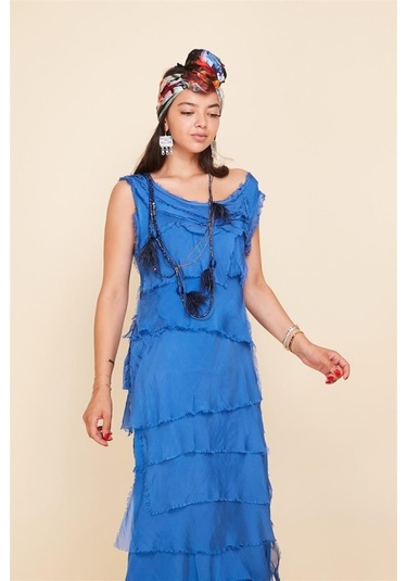 Italyan 2 Beden İnce Gösteren Kat Kat Kolsuz Ipek Elbise Saks Mavisi