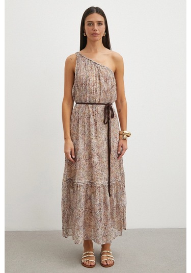 Uterpe One Shoulder Tiered Dress Pembe