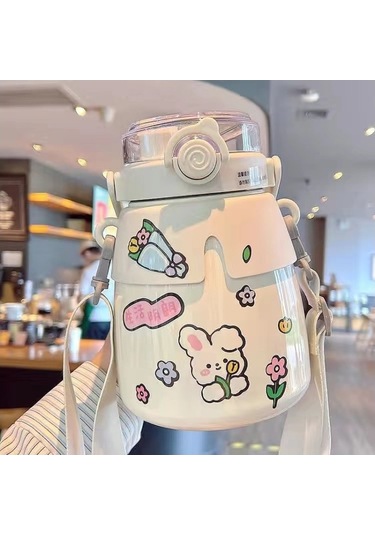 Dinosaurs 1l Sevimli Termos Paslanmaz Çelik Çift Içme Kabı Göbek Saman Su Şişesi-331 Altın