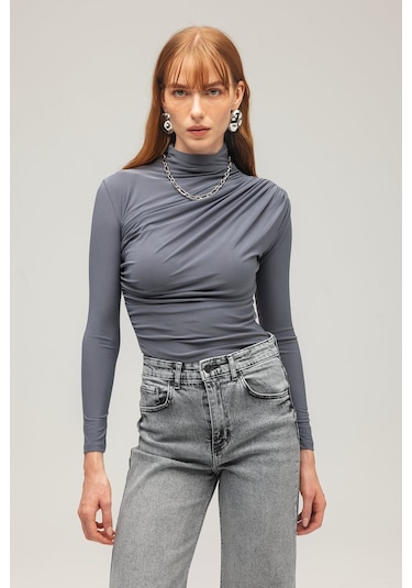 Saade Sââde Kadın Drapeli Boğazlı Uzun Kollu Örme Bluz - Slim Fit Antrasit