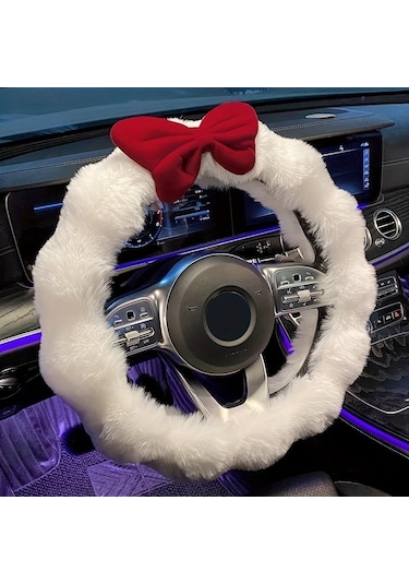 Fiyonklu Yumuşak Peluş Kış Direksiyon Kılıfı Beyaz