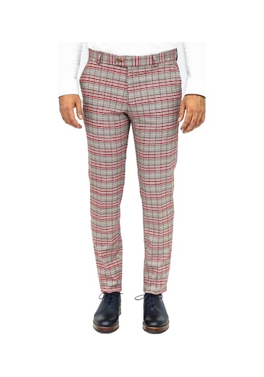 Wessi Kırmızı Ekose Desenli Slim Fit Gri Erkek Pantolon Gri