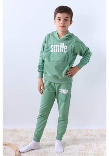 Erkek Çocuk Kapşonlu Eşofman Takımı Smile Baskılı Ribanalı F11 Yeşil