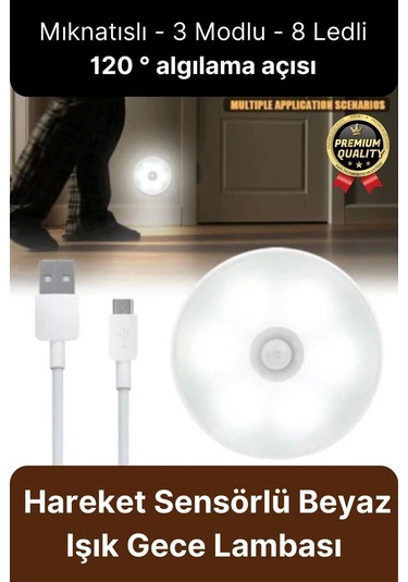 Premium Hareket Sensörlü Usb Şarj Edilebilir Mıknatıslı 3 Mod 8 Ledli Beyaz Işık Gece Lambası 1 Adet