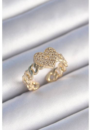 Gold Renk Zincir Kordon Zirkon Taşlı Kalp Model Kadın Yüzük - Ebj241214w29800 Bakır