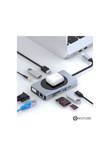 9 Portlu Kablosuz Şarjlı Usb-c Hdtv Hdmı Pd Sd Tf Rj45 Vga Dönüştürücü Adaptör