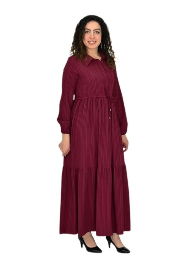 Kadın Uzun Kol Lastikli Kabartma Çizgili Elbise Bgl-st04676 Bordo
